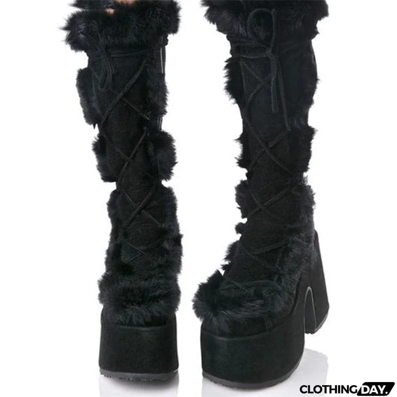 Solid Color Fur Chunky High Heel Boots