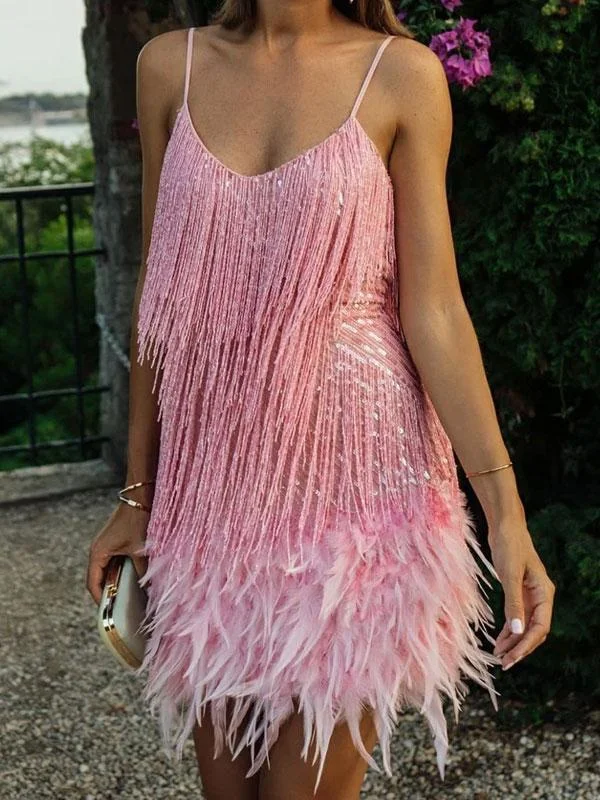 Thin straps sequin dress with feather