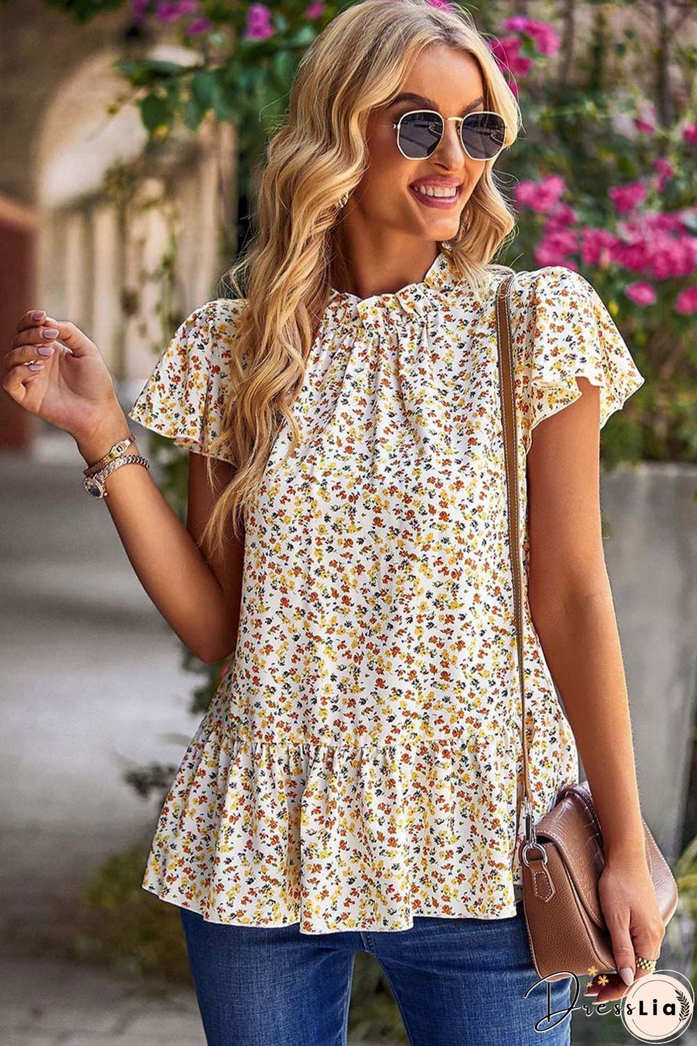 Boho Chic Beige Floral Ruffle Trim Short Sleeve Top