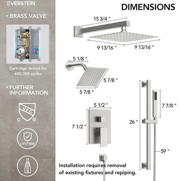 EVERSTEIN 3-Spray Patterns Rain Shower System in Brushed Nickel