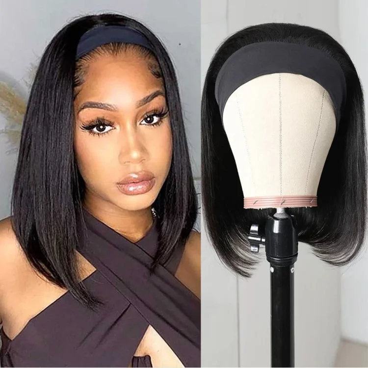 Bob Headband Wig Human Hair Short Silky Straight Human Hair-elleschic