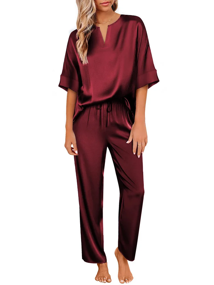 Womens Pajama Sets Satin Silk Pajamas Short Sleeve Lounge Sets for Women Valentines V Neck Sleepwear with Long Pant Soft Loungewear Pj Set Nightwear S to XL