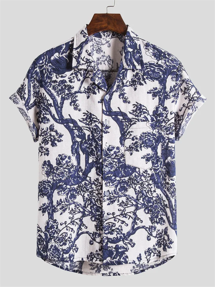 Men's Floral Print Loose Retro Hawaiian Vacation Style Lapel Single-breasted Short-sleeved Casual Shirt Men's Cardigan-Cosfine