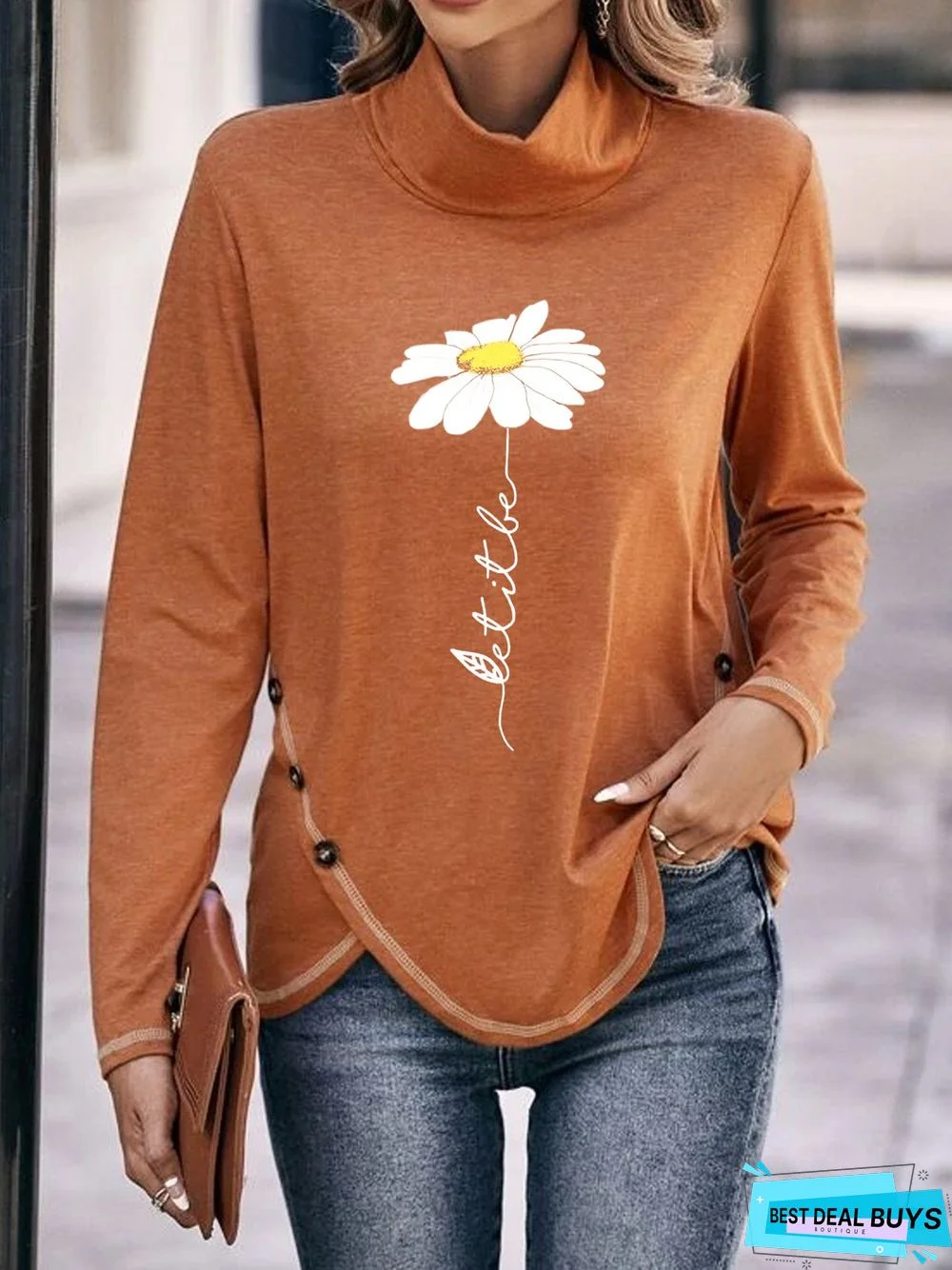 Casual Small Daisy Loose Turtleneck tunic T-Shirt