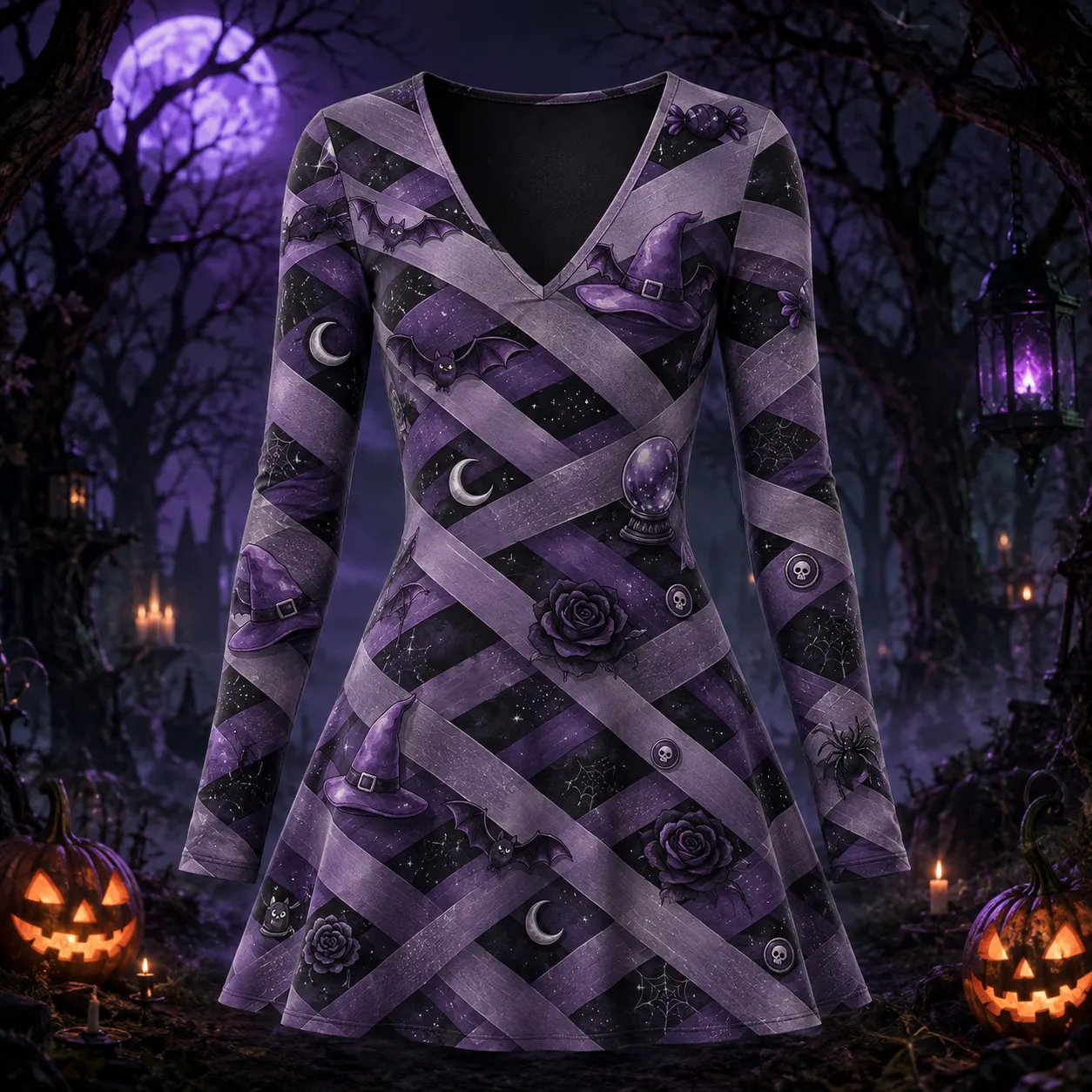 Women's Halloween Print V Neck Long Sleeve Midi Dress artswardrobe