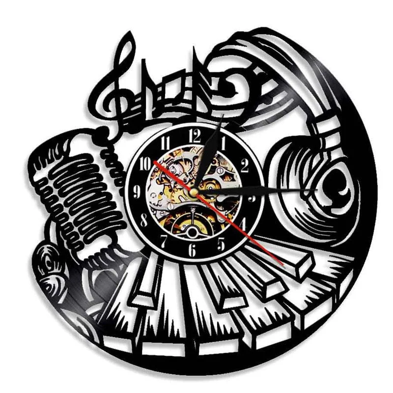 Acoustic Guitar Drum Vinyl Record Wall Clock Rock Music Theme Wall Art Musical Instrument Vinyl Clock Wall Watch Home Decor
