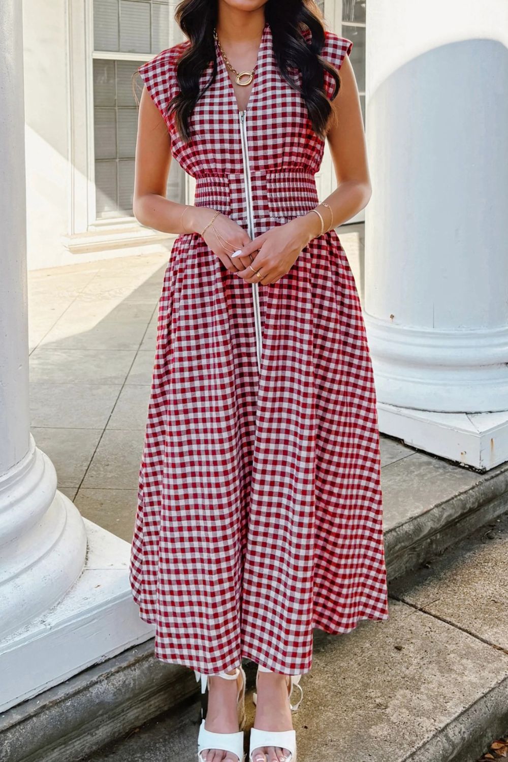 Gingham Zip-Front Midi Dress mysite idetrend