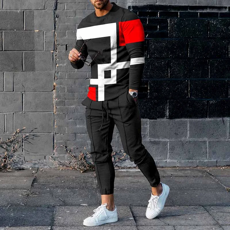 Fashion Color Contrast Geometry Print Long Sleeve T-Shirt And Pants Co-Ord