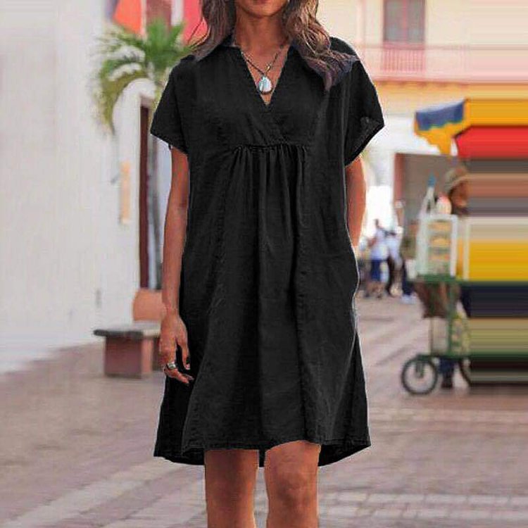 Comstylish Solid Color V-Neck Cotton Linen Mini Dress