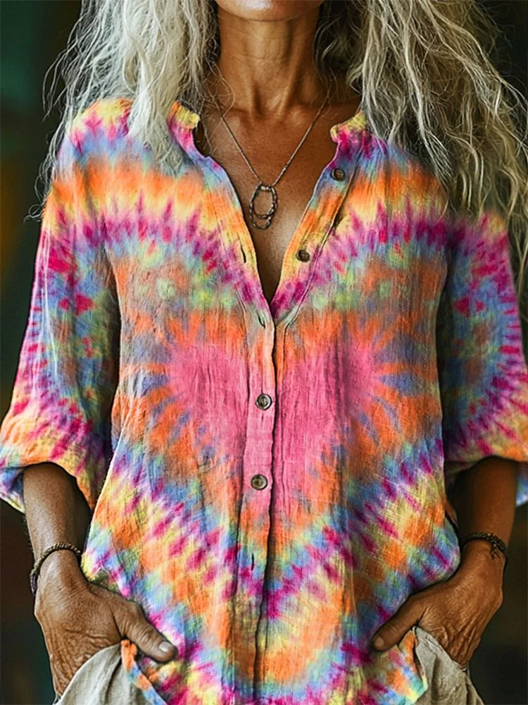 Women's Tie-Dye Heart Pattern Art Print Casual Cotton Linen Shirt