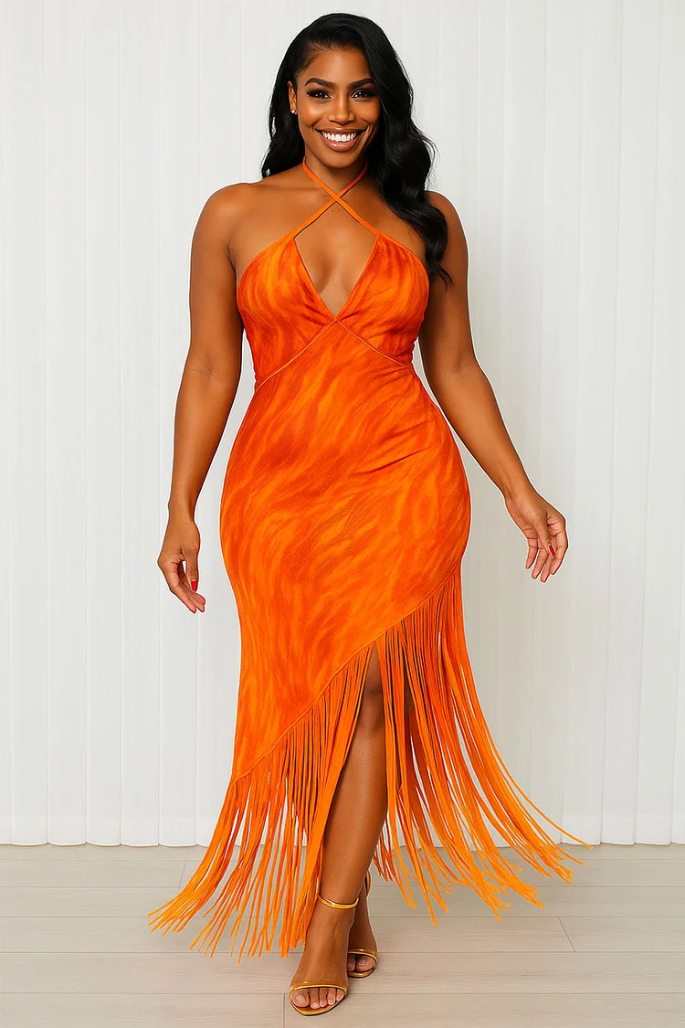 Cross Halter V Neck High Low Fringe Hem Party Maxi Dresses-Orange [Pre Order]