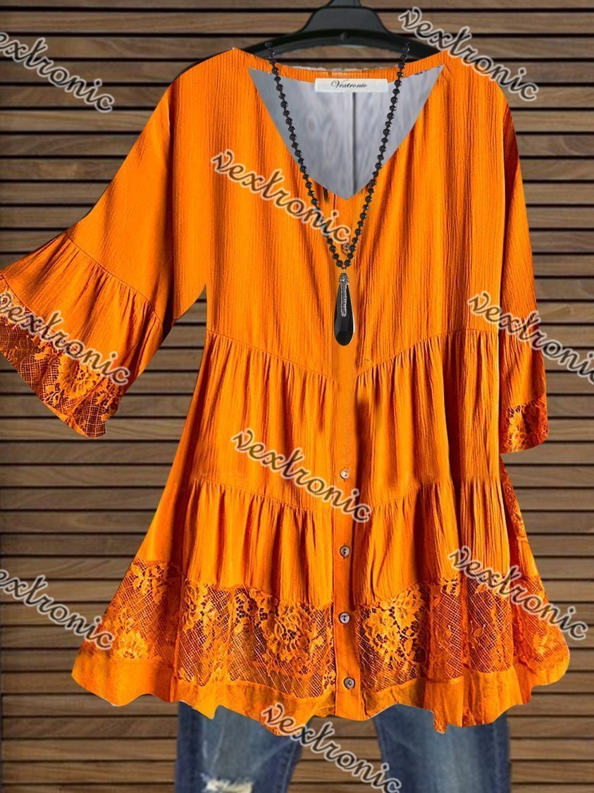 Women Half Sleeve V-neck Lace Top Dress