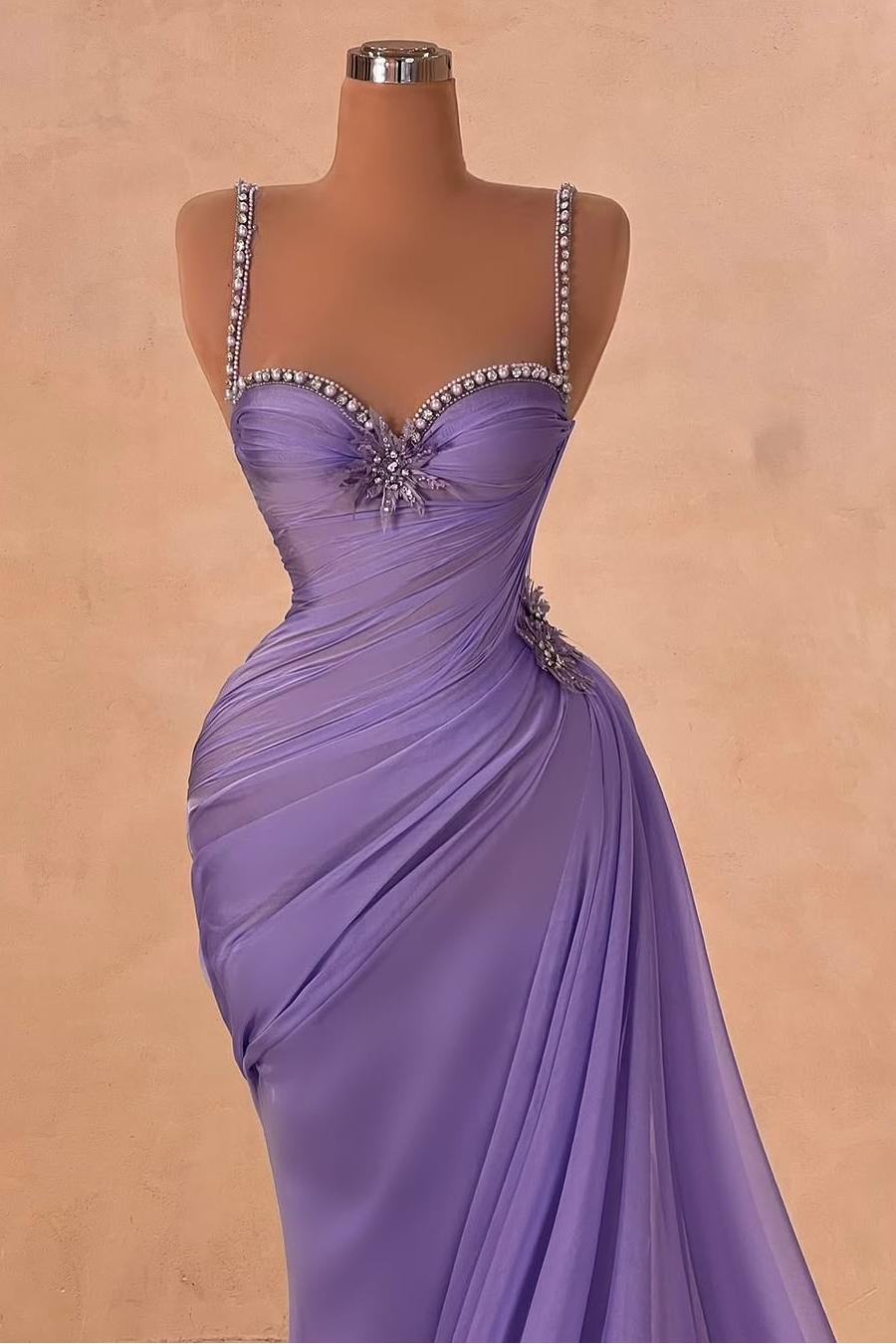 Miabel Glamorous Purple Satin Spaghtti Strap Sleeveless Long Pleated Prom Dress with Beadings