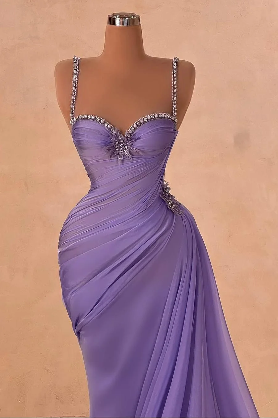 Miabel Glamorous Purple Satin Spaghtti Strap Sleeveless Long Pleated Prom Dress with Beadings