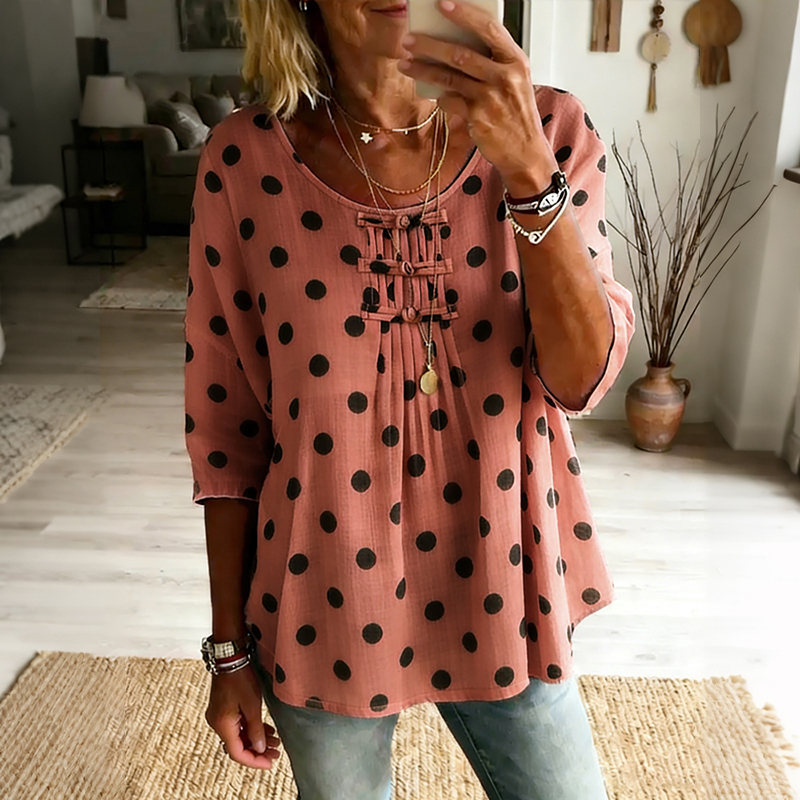 Women's Elegant Puff-sleeved Round-neck Polka Dot Cotton-linen Shirt elevenforest