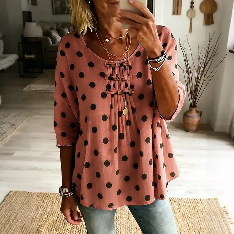 Women's Elegant Puff-sleeved Round-neck Polka Dot Cotton-linen Shirt