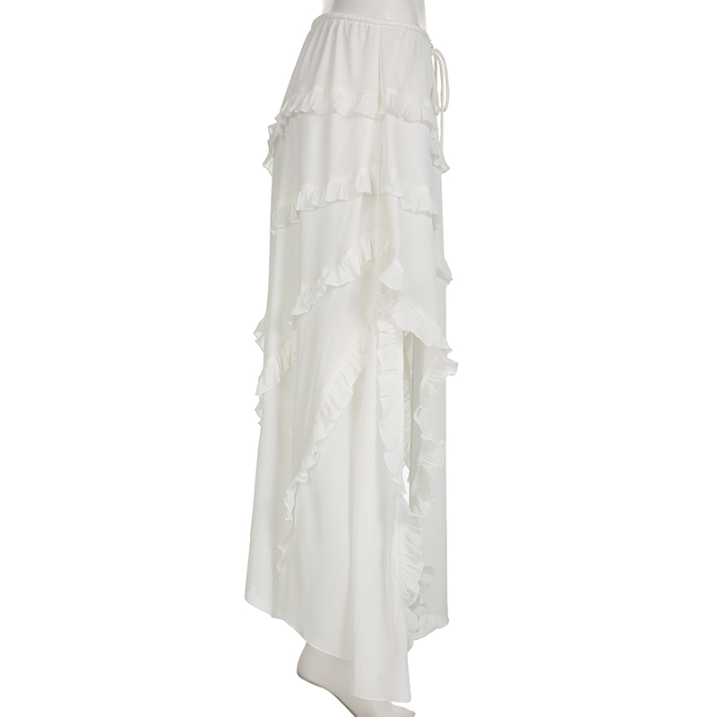 Ootddress White Ruffled Patchwork Long Skirt See-Through For Women Split Summer Beach Holiday Maxi Skirt Women's Fashion Y2k Skirt