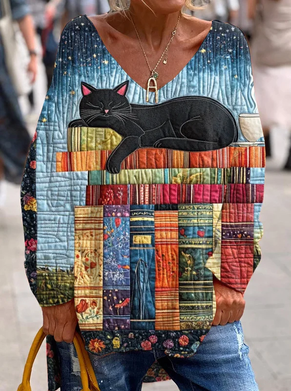 Starry Book Cat Print V Neck Long Sleeve Top