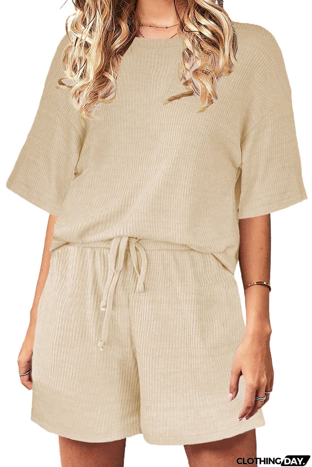 Khaki Crew Neck Short Sleeve Ribbed Lounge Set