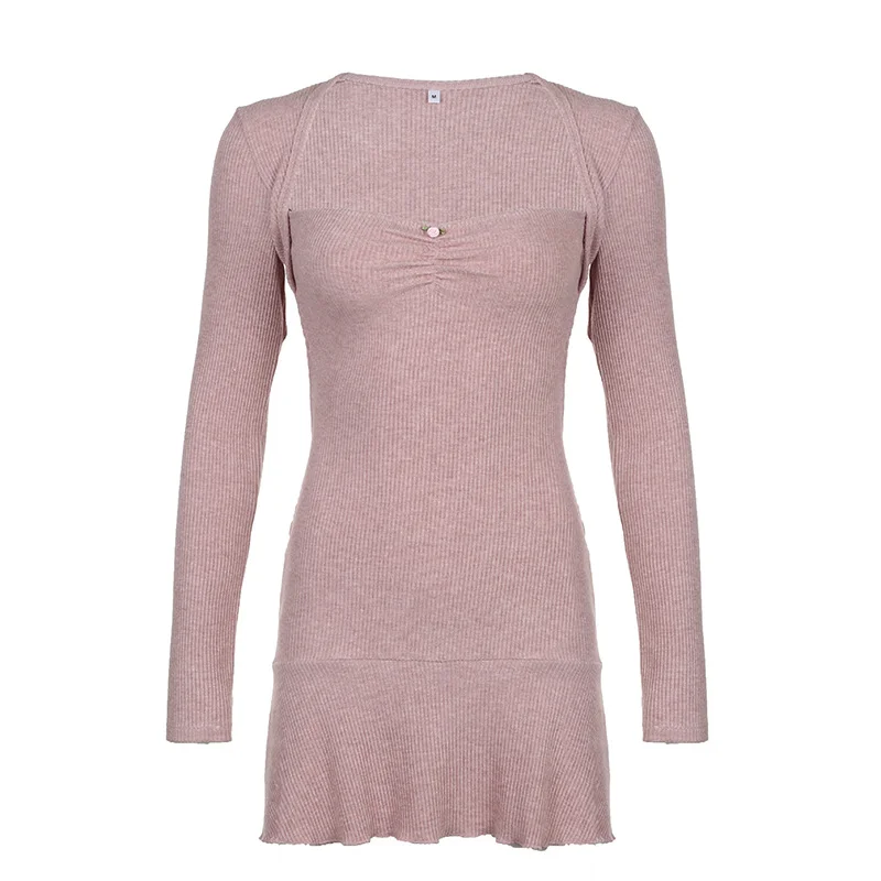 Ueong Girl Square Collar Flower Fold Waist Knitted Skirt 2023 Sweet Pure Style Hot Girl A Dress