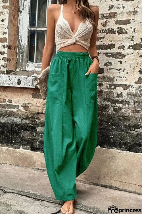 Resort Casual Elastic Waist Loose Trousers