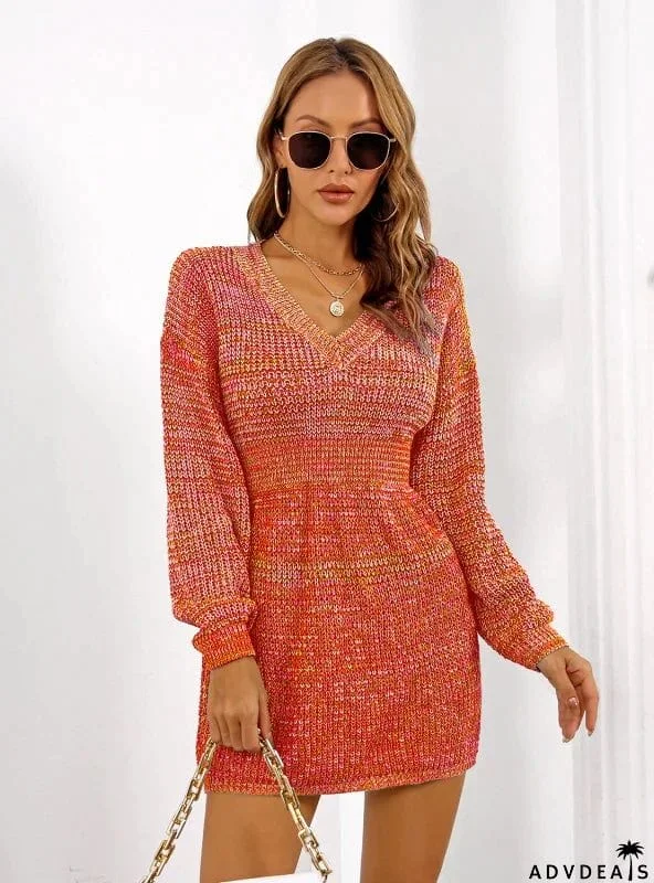 V-NECK COLORFUL LANTERN SLEEVE SWEATER DRESS