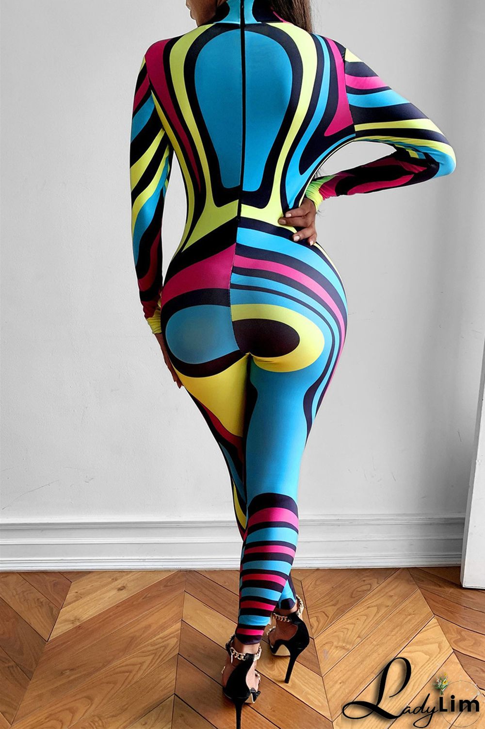 Black Fashion Casual Print Patchwork Half A Turtleneck Skinny Jumpsuits