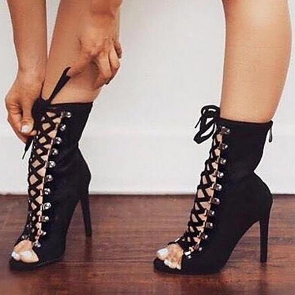 Prettyava Sexy Peep Toe Lace-Up Zippered Stiletto Heels