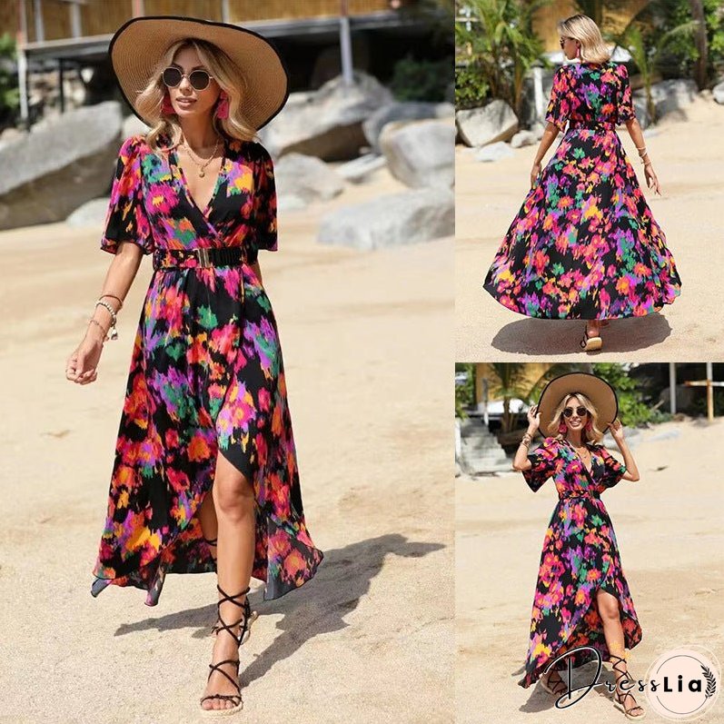 New short-sleeved V-neck pullover irregular beach dress for summer