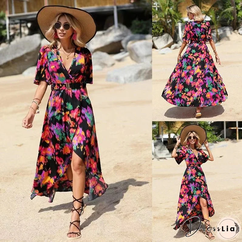 New short-sleeved V-neck pullover irregular beach dress for summer