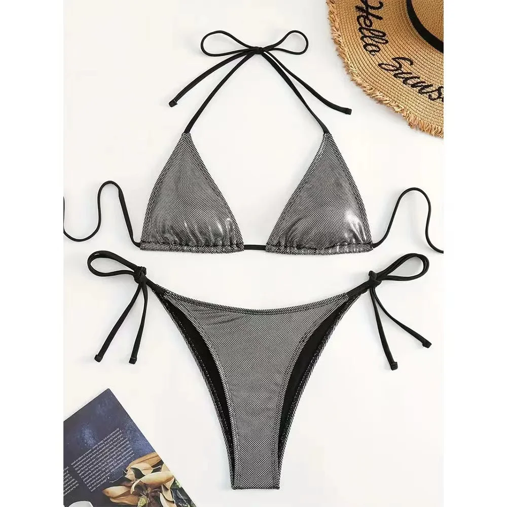 Mongw Mongw New Solid Color Lace Sexy Split Swimsuit Women's Three-Point Beach Metal Color Bikini