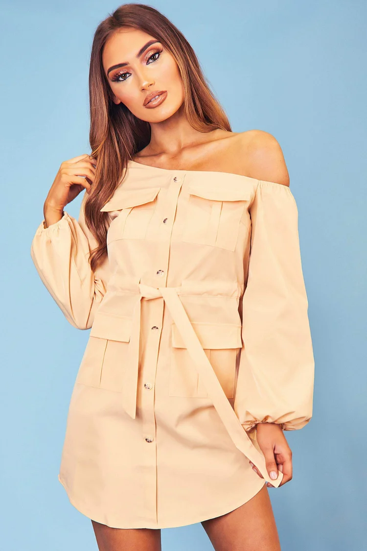 Nude Off The Shoulder Button Up Dress Katch Me