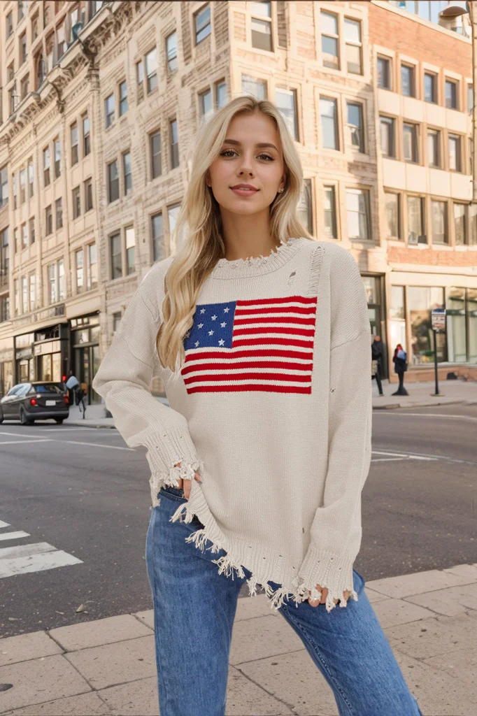 Women's US Flag Print Knitted Sweater Casual Crew-Neck Pullover Baggy Sweater