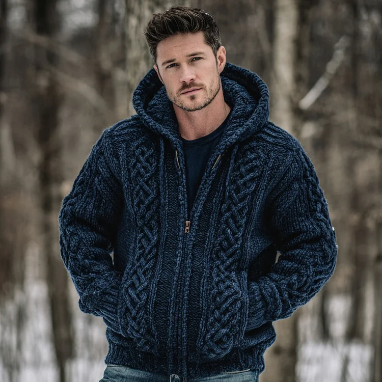 Men's Vintage Fairman Island Jacquard Thick Warm Zip Hooded Sweater Cardigan