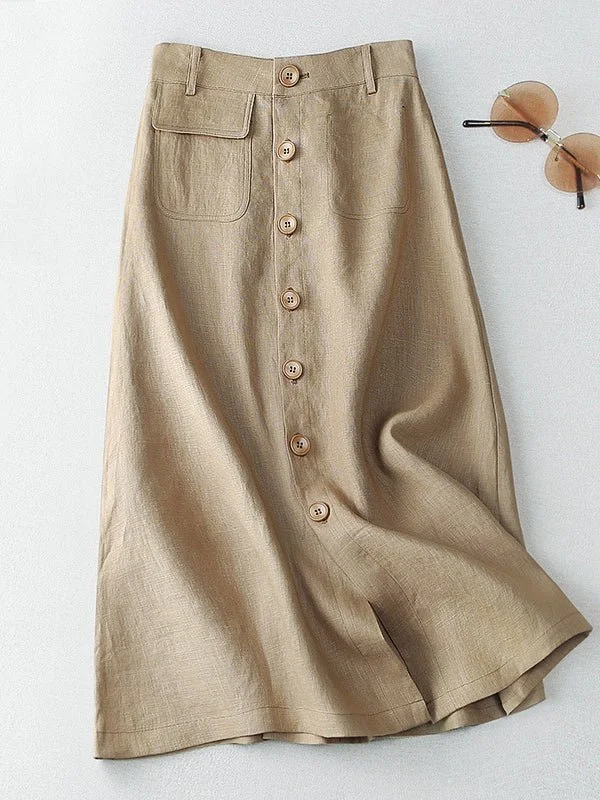 Casual A-Line Plain Mid-Length Linen Skirt