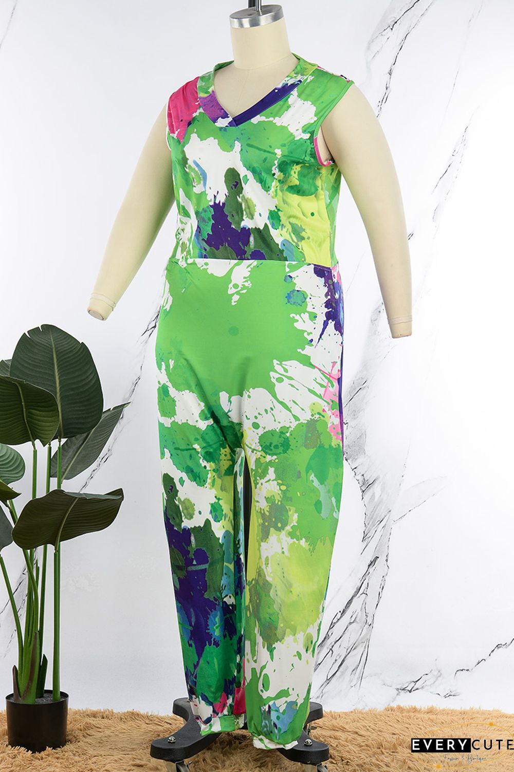 Green Casual Print Tie-dye V Neck Plus Size Jumpsuits