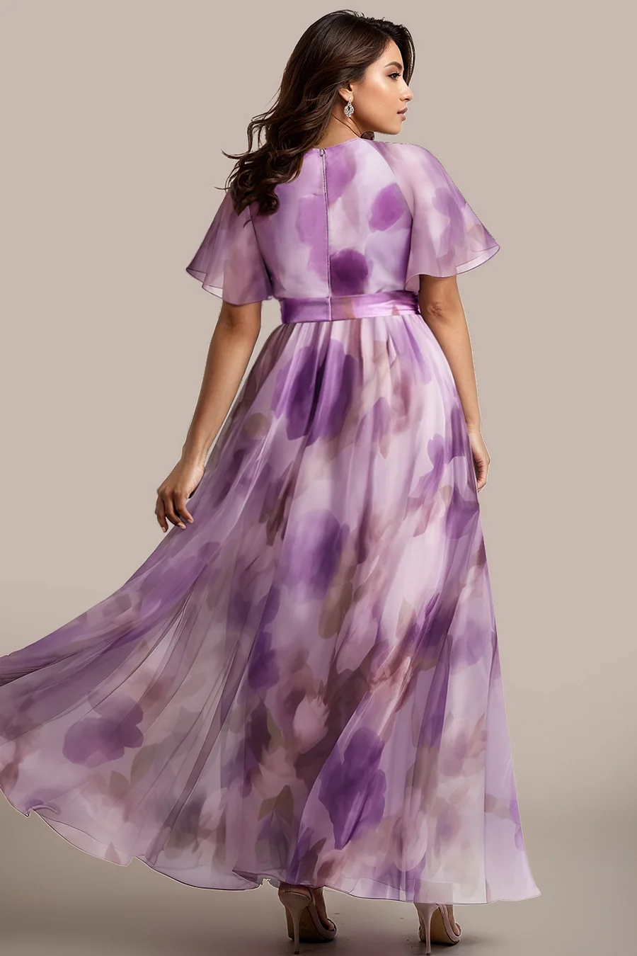 Flycurvy Plus Size Wedding Guest Purple Organza Floral Print Wrap Flutter Sleeve Maxi Dress