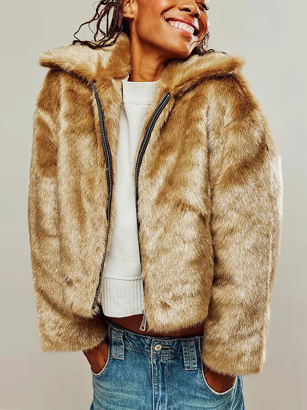 Simple Solid Color Casual Ladies Fur Coat