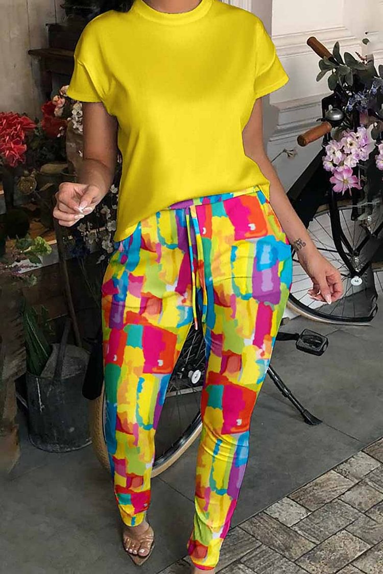Xpluswear Plus Size Yellow Daily All Over Print Drawstring Two Pieces Pant Sets [Pre-Order]