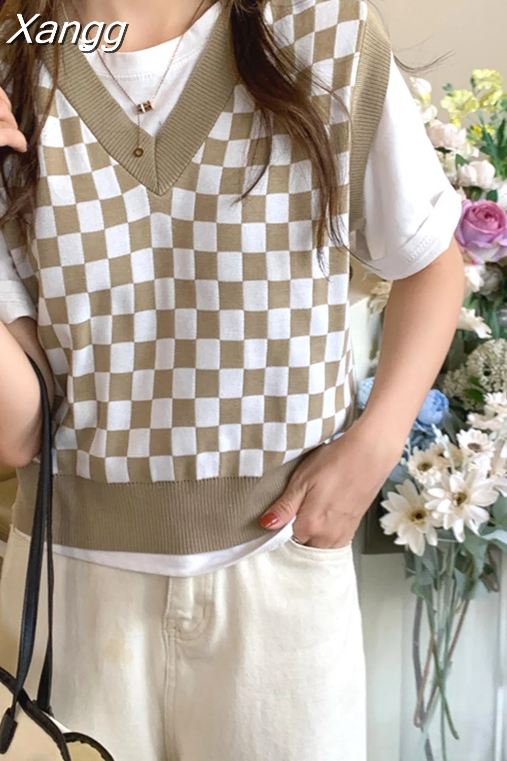 Xangg Autumn Women Plaid V Neck Sleeveless Vest Sweaters Fashion Ladies Slim Casual Knitted Top Girls Sweet Knitwear