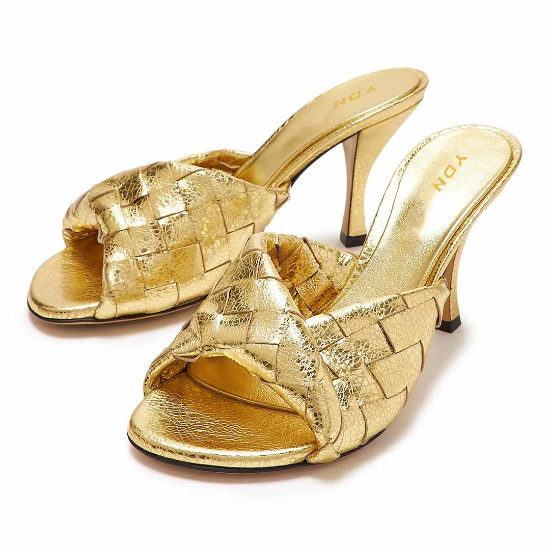 YDN Woven Straps Slip-On Open Toe Spool Heel Gold Sandals