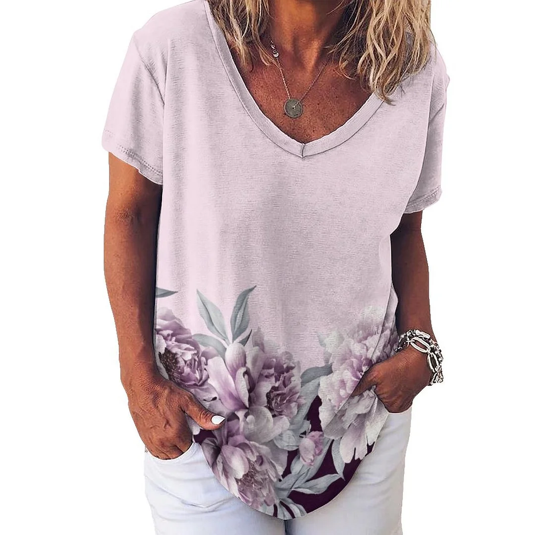 V-neck Short Sleeve Casual T-shirt for  Women Printed with Pattern Floral, Purple, Light Purple
