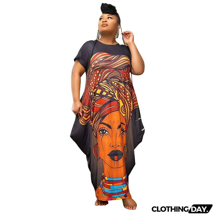 Plus Size Women Casual Boho Graphic Print Short Sleeve Loose Maxi Dress