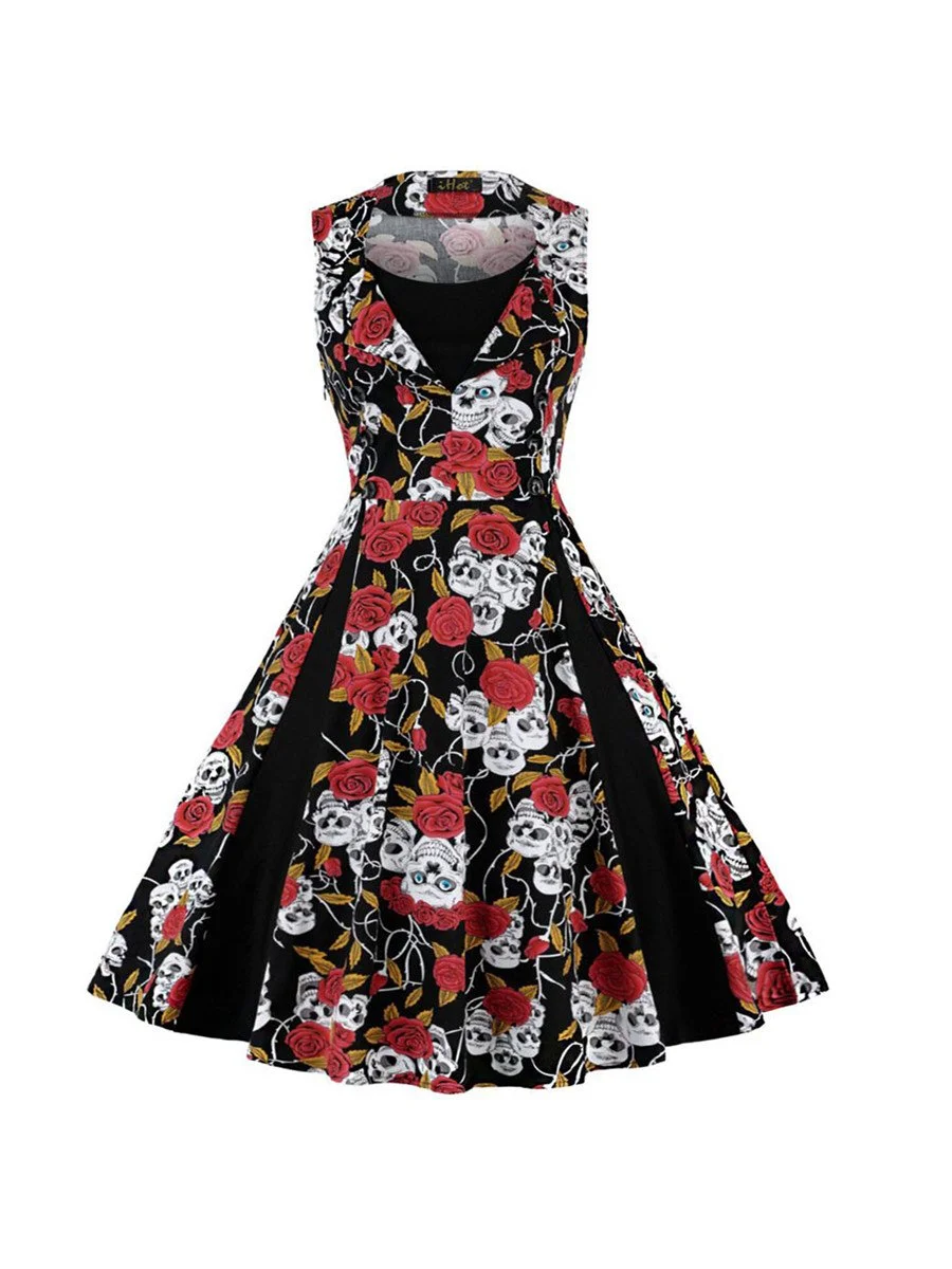 1950s Dresses Retro Rose Print Sleeveless Swing Dresses