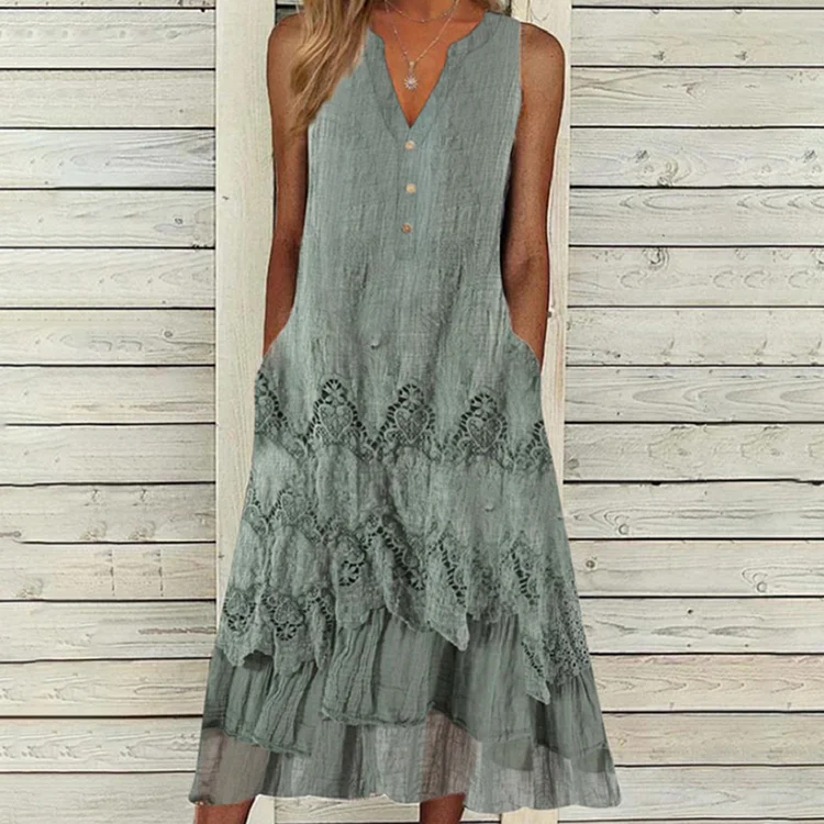Comstylish Solid V Neck Button Casual Loose Midi Dress