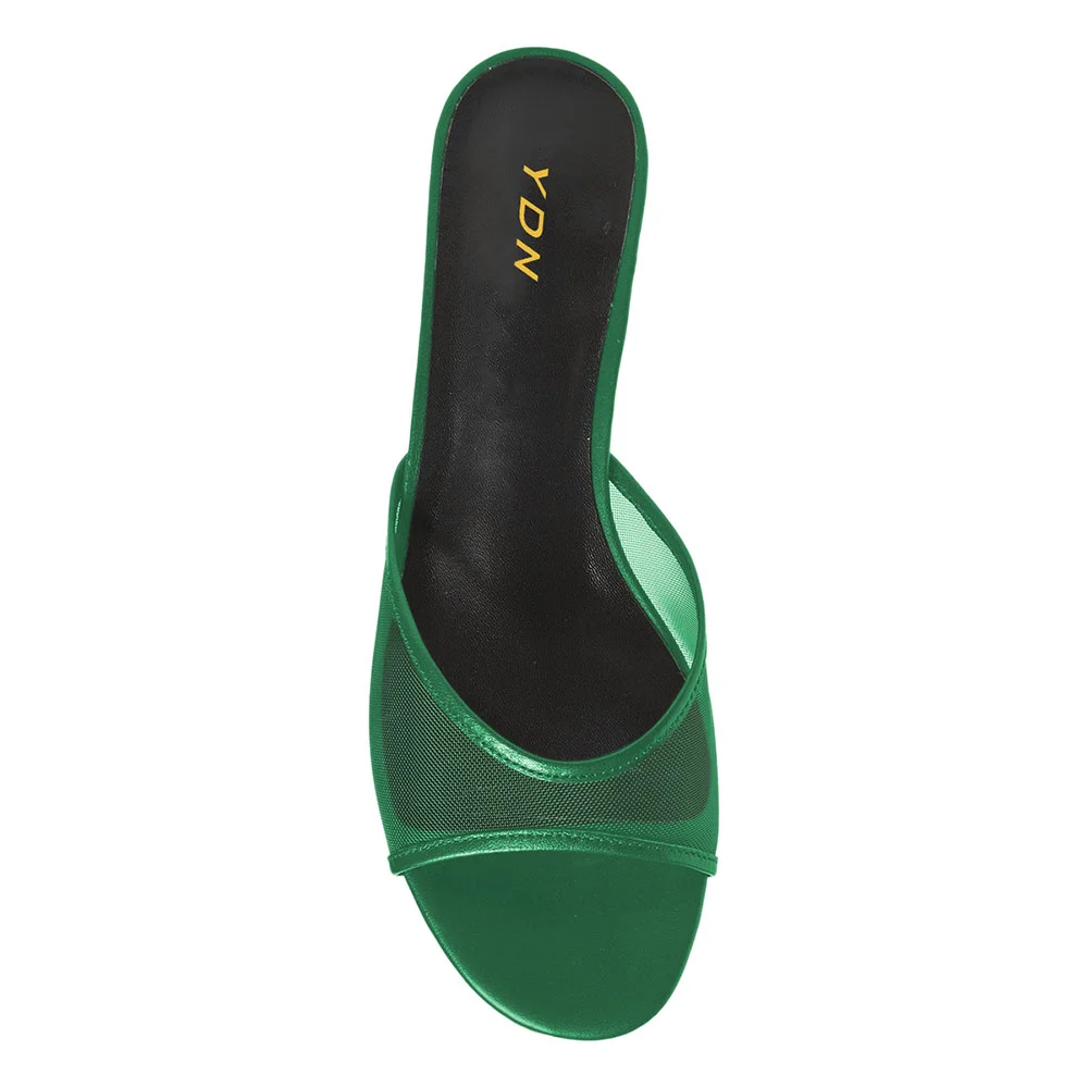 Green Mesh Open Round Toe Slip-On Kitten Heel Mules Sandals