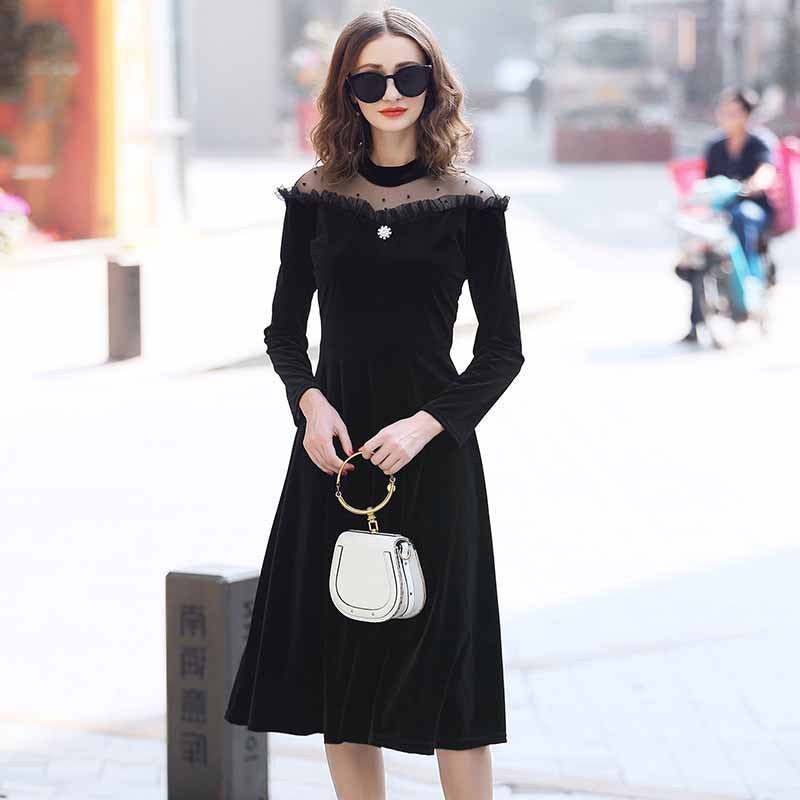 Spring Clothes Women's Elegant Mesh Shoulder Veet Black Dress