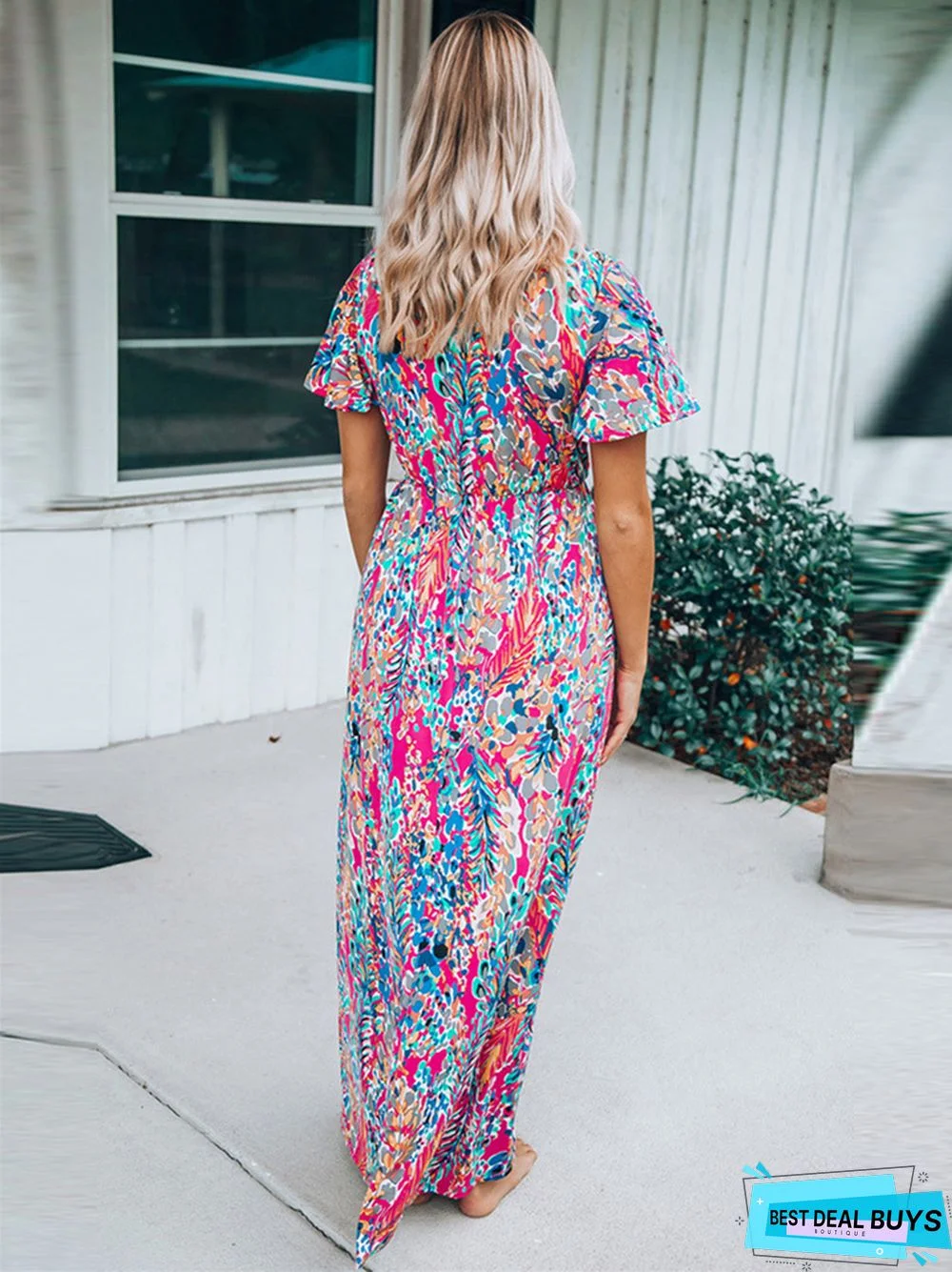 Short Sleeve V-neck Pullover Floral Skirt Lady Loose Casual Dress Full Skirt