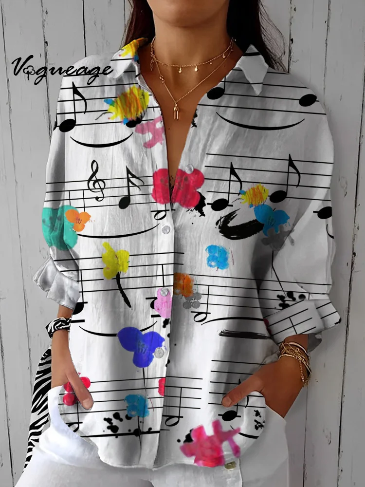 Simple And Stylish Staves And Flowers Printed Cotton And Linen Shirt