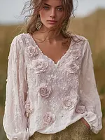 Bohemian Retro Countryside Style Plant Flower Design Women's Linen Long-sleeve Top